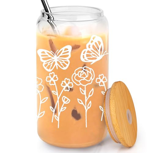 16 oz Floral & Butterfly Can Glass - With Bamboo Lid & Straw - Perfect for Birthday, Christmas Gifts for Women | Amazon (US)