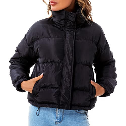 Hujoin Women's Quilted Jacket Puffer Jackets Drop Shoulder Padded Full Zip Stand Collar Lightweight Jacket with Pockets Outwear Coat Black M | Amazon (US)