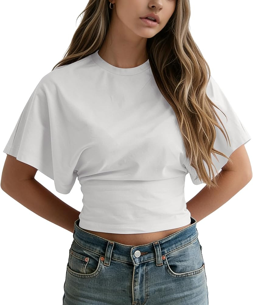 Women Cinched Waist Crop Tops Y2K Short Sleeve Crewneck Loose T Shirts Summer Going Out Streetwea... | Amazon (US)