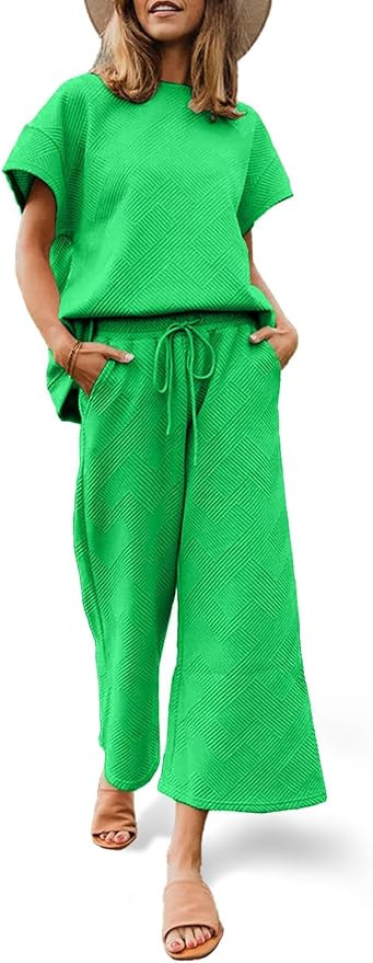 Fazortev Womens 2 Piece Outfits Sweatsuit Short Sleeve Tops and Drawstring Waist Cropped Wide Leg... | Amazon (US)