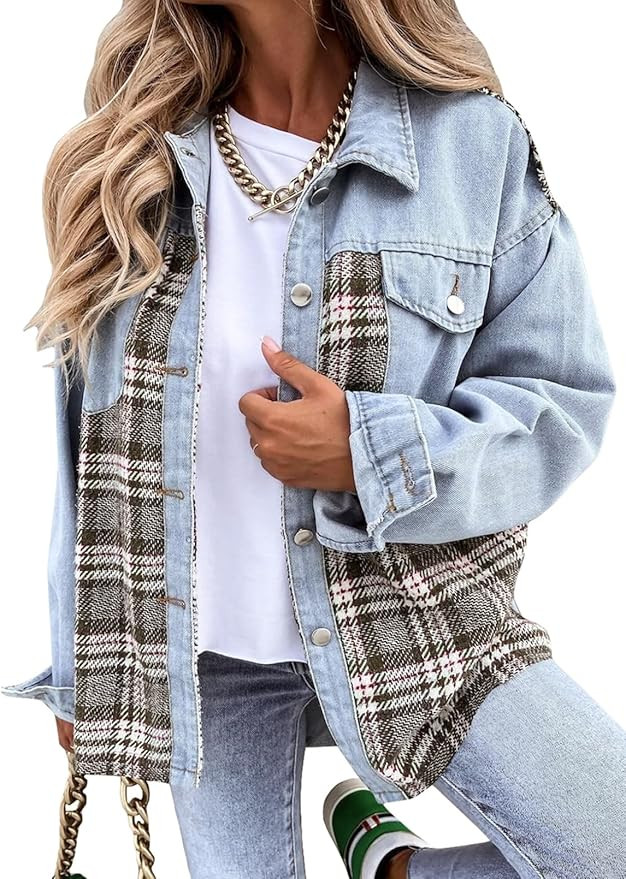 SHEWIN Womens Oversized Denim Jacket Casual Long Sleeve Button Down Plaid Shacket Boyfriend Jean ... | Amazon (US)
