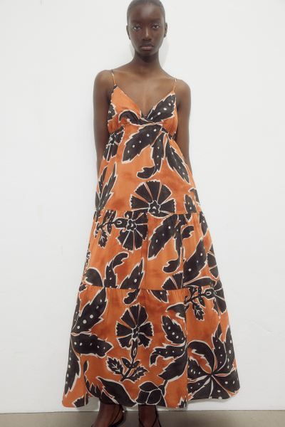Long Sleeveless Dress - V-neck - Sleeveless - Orange/patterned - Ladies | H&M US | H&M (US + CA)