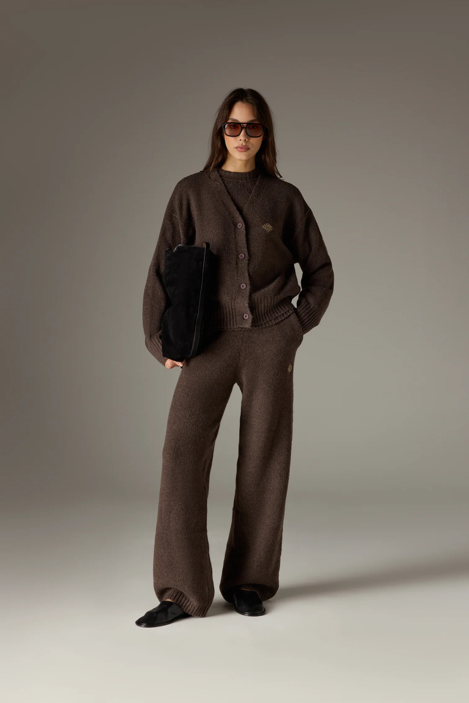 FLUFFY KNIT EMBLEM EMBROIDERED CARDIGAN - BROWN | The Couture Club