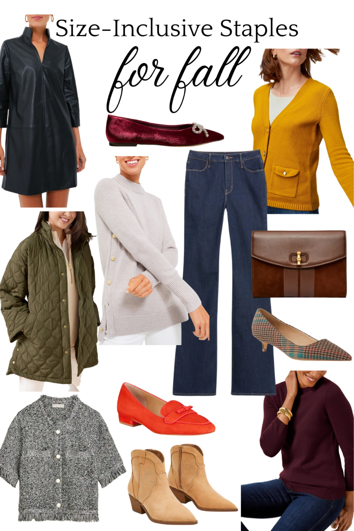 Size-inclusive staples for fall. Favorite fall fashion pieces for women, must-haves for plus size and extended size women. 

Tuckernuck, jcrew, classic, preppy style, mom style, leather mini dress, burgundy flats, fall shoes, yellow cardigan sweater, green quilted jacket, cashmere sweater, flare jeans, brown fall purse,’plaid heels, grey lady jacket, cowboy boots, date night, workwear #jcrew #tuckernuck #plussize #extendedsizes #fallfashion 

#LTKcurves #LTKunder100 #LTKunder50