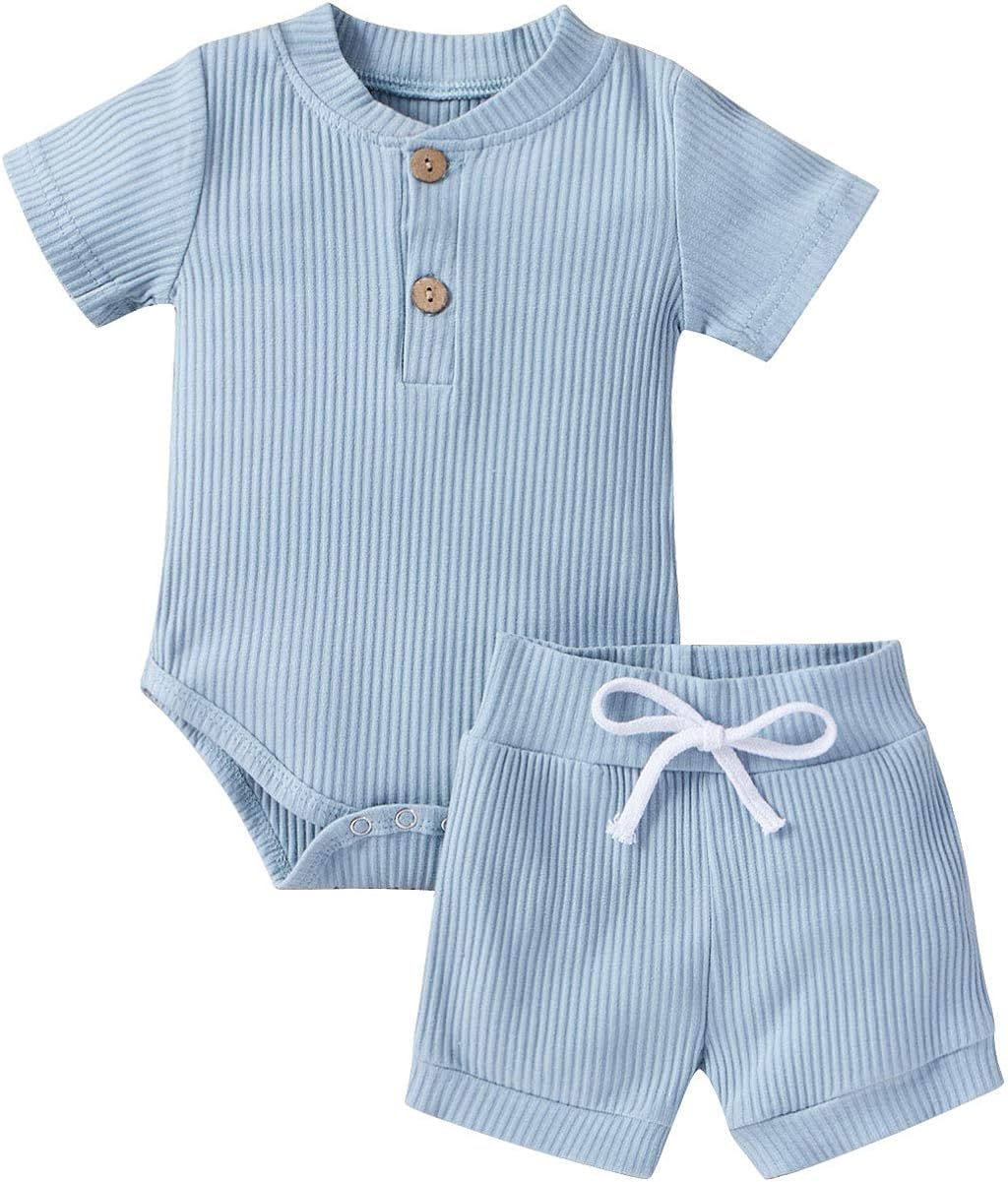 HZYKOK Unisex Baby Clothes Pajamas Toddler Pants Shorts Set Boy Girl 2Pcs Outfit Solid | Amazon (US)