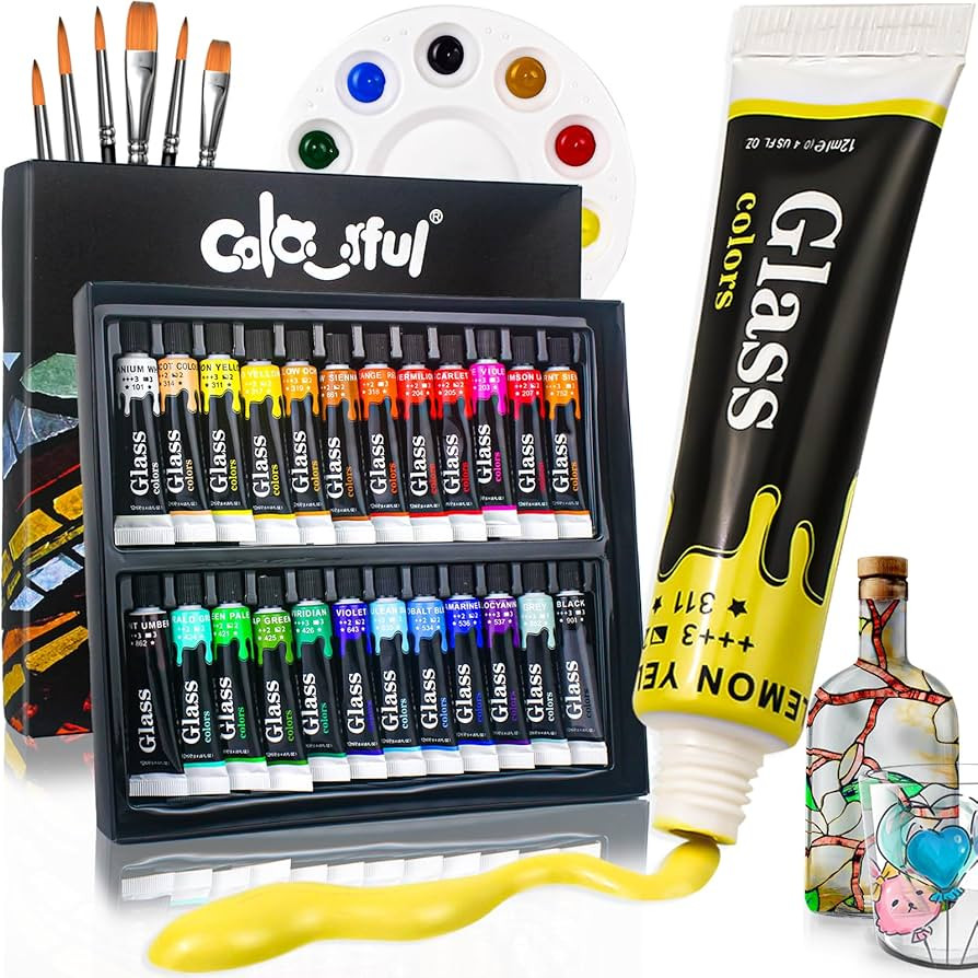 Colorful Stain Glass Paint Set with 6 Brushes, 1 Palette, 24 Color Waterproof Acrylic Enamel Pain... | Amazon (US)