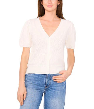 Pointelle Knit V-Neck Short Puff Sleeve Cardigan | Dillard's