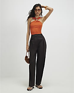 Orange Knitted Halter Neck Brooch Top | River Island UK & IE