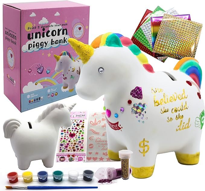 Decorate Your Own Unicorn Piggy Bank for Kids Girls with Easy to Apply Foil Transfers & Glitters-... | Amazon (US)