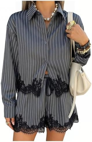 OYOANGLE Women's Lace Trim 2 Piece Outfits Summer Casual Going Out Set | Striped, Button Down Shi... | Amazon (US)