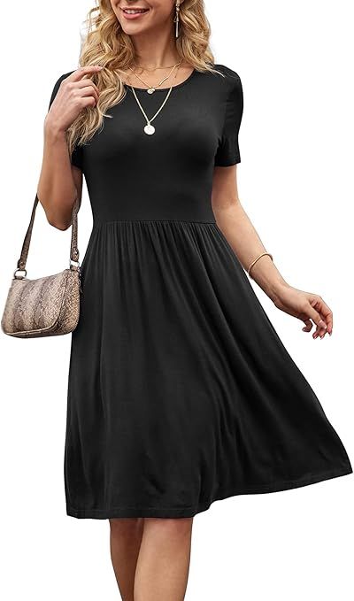 DB MOON Women Summer Casual Short Sleeve Dresses Empire Waist Dress with Pockets | Amazon (US)