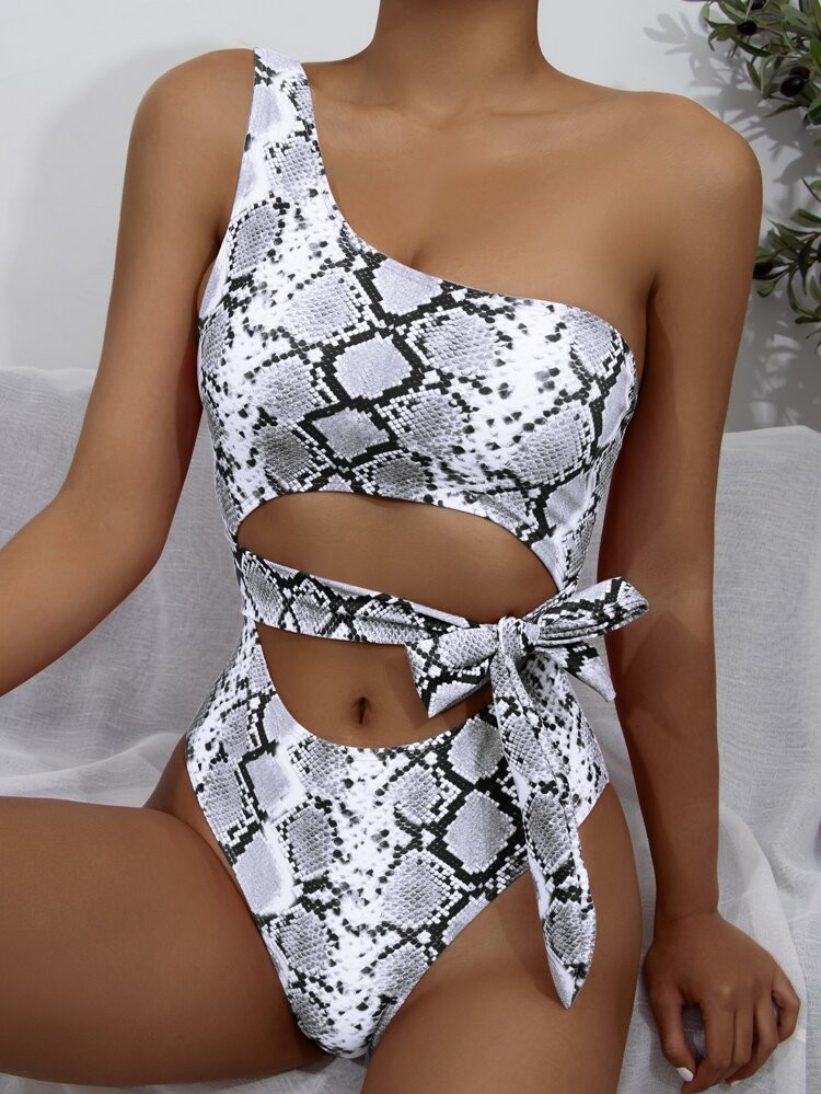 Snakeskin Print One Shoulder One Piece Swimsuit | SHEIN