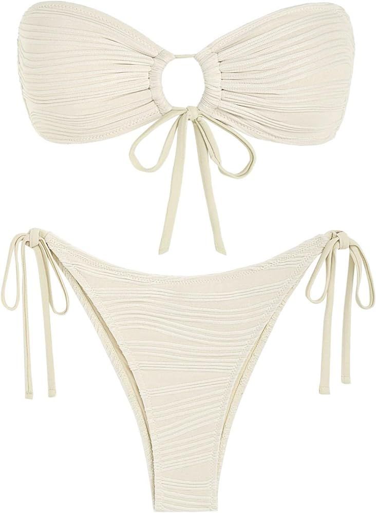 ZAFUL Women's Bandeau Bikini Set O Ring Strapless Swimsuit Tie Side Swimwear Halter Two Piece Bat... | Amazon (US)