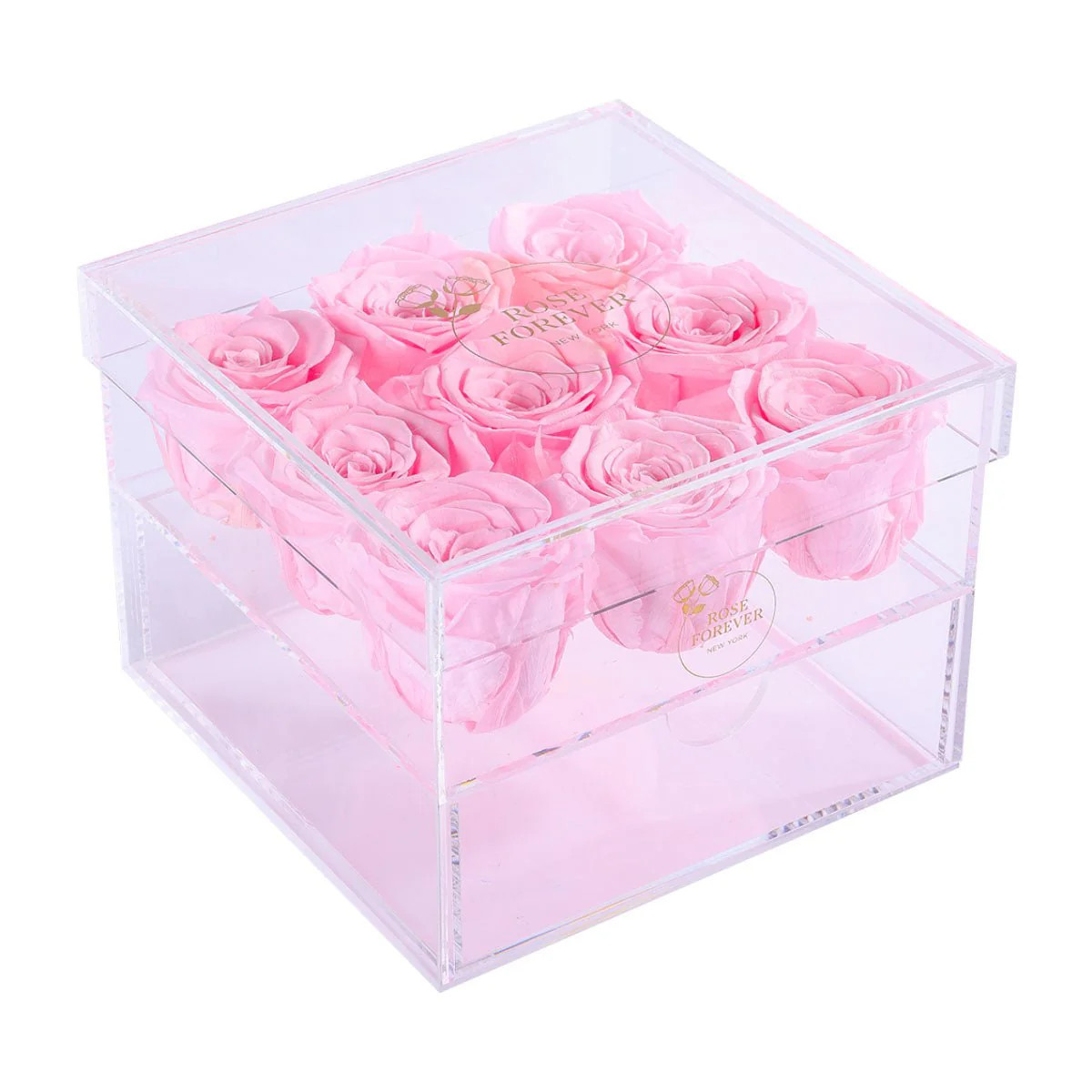 9 Light Pink Roses - Square Crystal Box | Rose Forever 