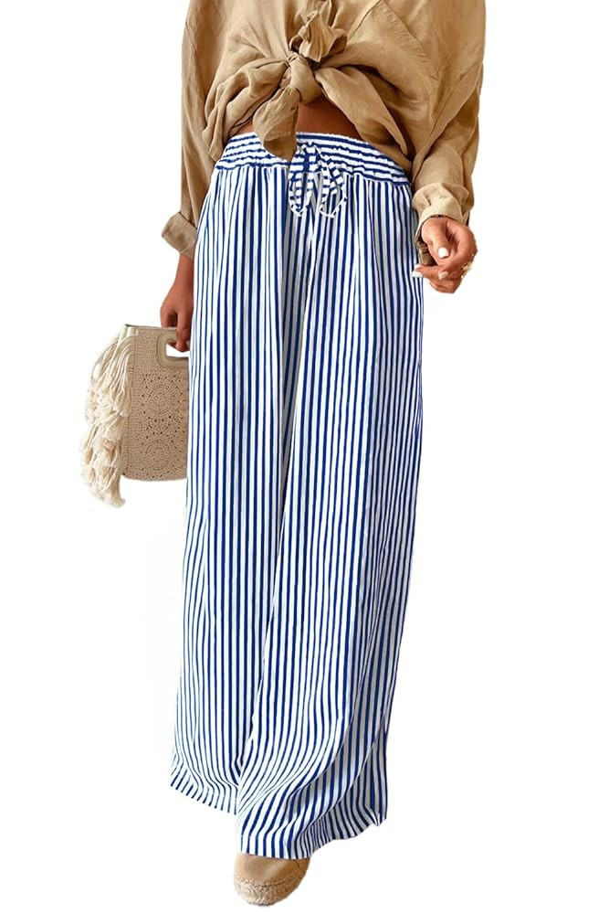 Acelitt Women Casual Drawstring Elastic Waist Striped Wide Leg Pants with Pockets, S-XXL | Amazon (US)