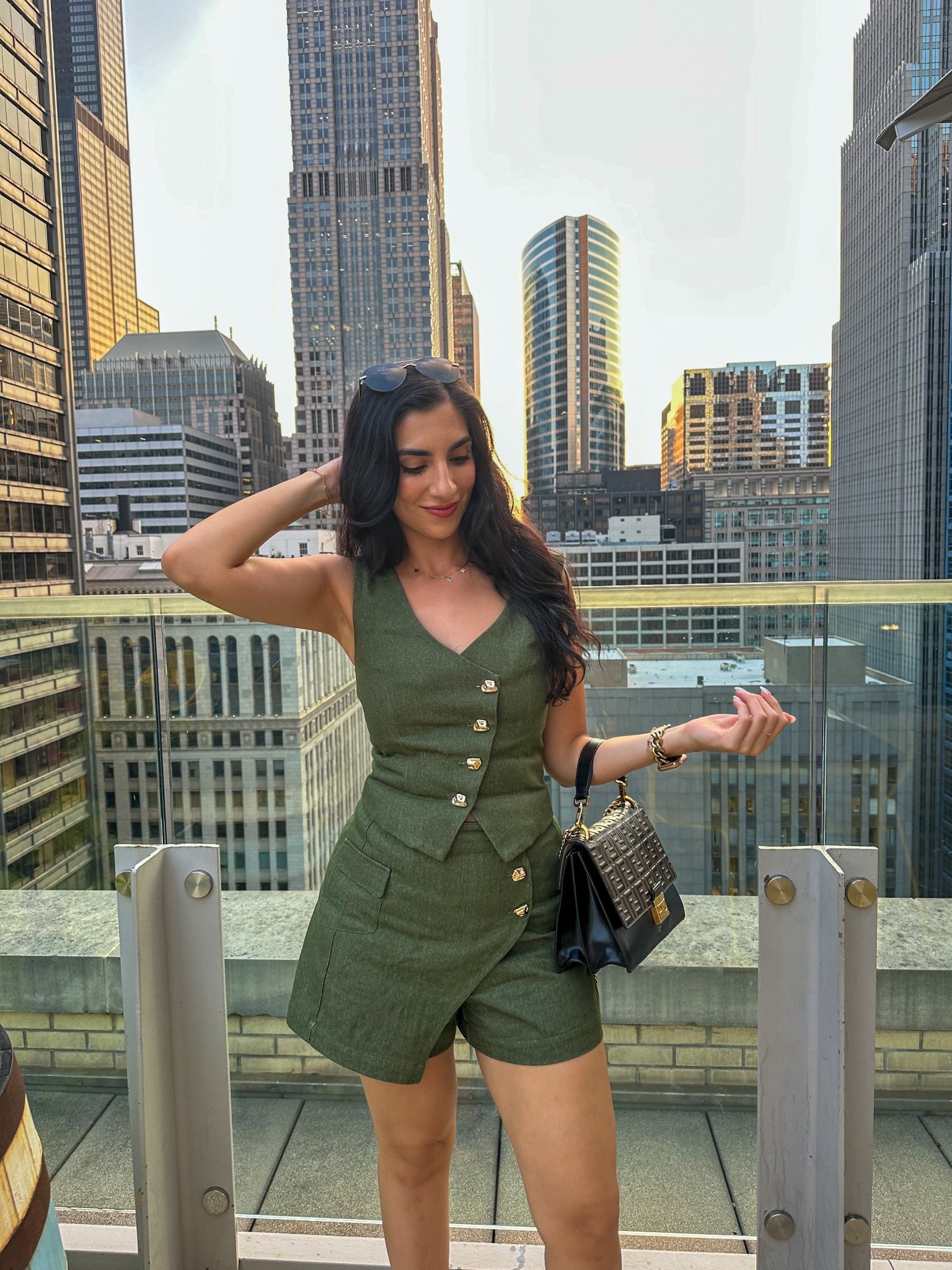 Short set
Vest and shorts
Olive green short set
Rooftop outfit
 Chicago outfit
