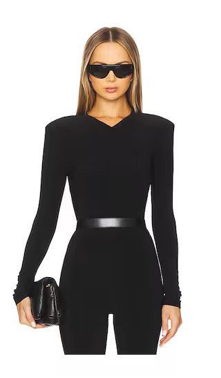 Norma Kamali Long Sleeve Shoulder Pad V Neck Top in Black. - size M | Revolve Clothing (Global)