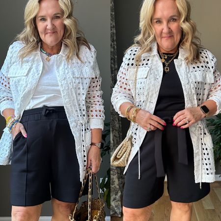Top seller! New spanx air essential Bermuda shorts. One has pintucks, one has a tie waist. I wear an XL. 
19% off code NANETTEXSPANX 

This eyelet jacket is such great quality. Fun with a tee or tank underneath. Wearing a large. 

Wearing a size XL in the tee undeeneath

Top seller Bermuda shorts 

#LTKSeasonal #LTKMidsize #LTKOver40