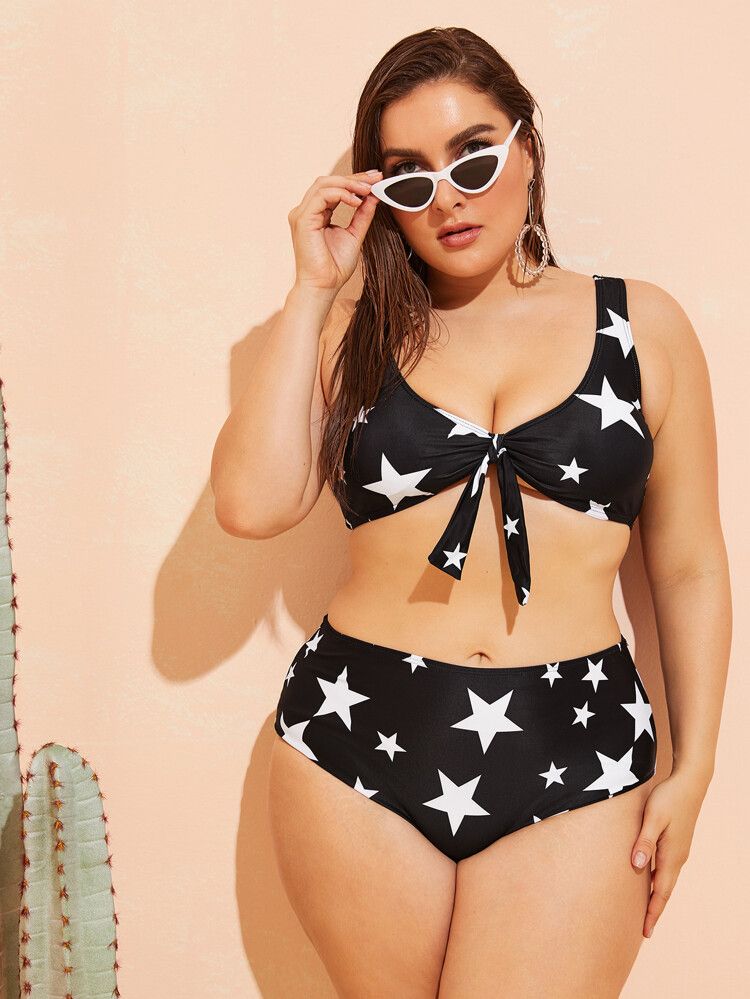 Plus Star Print Top With High Waist Bikini | SHEIN