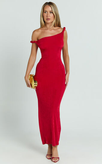 Isabel Midi Dress - Twist Off Shoulder Bodycon Dress in Red | Showpo (US, UK & Europe)
