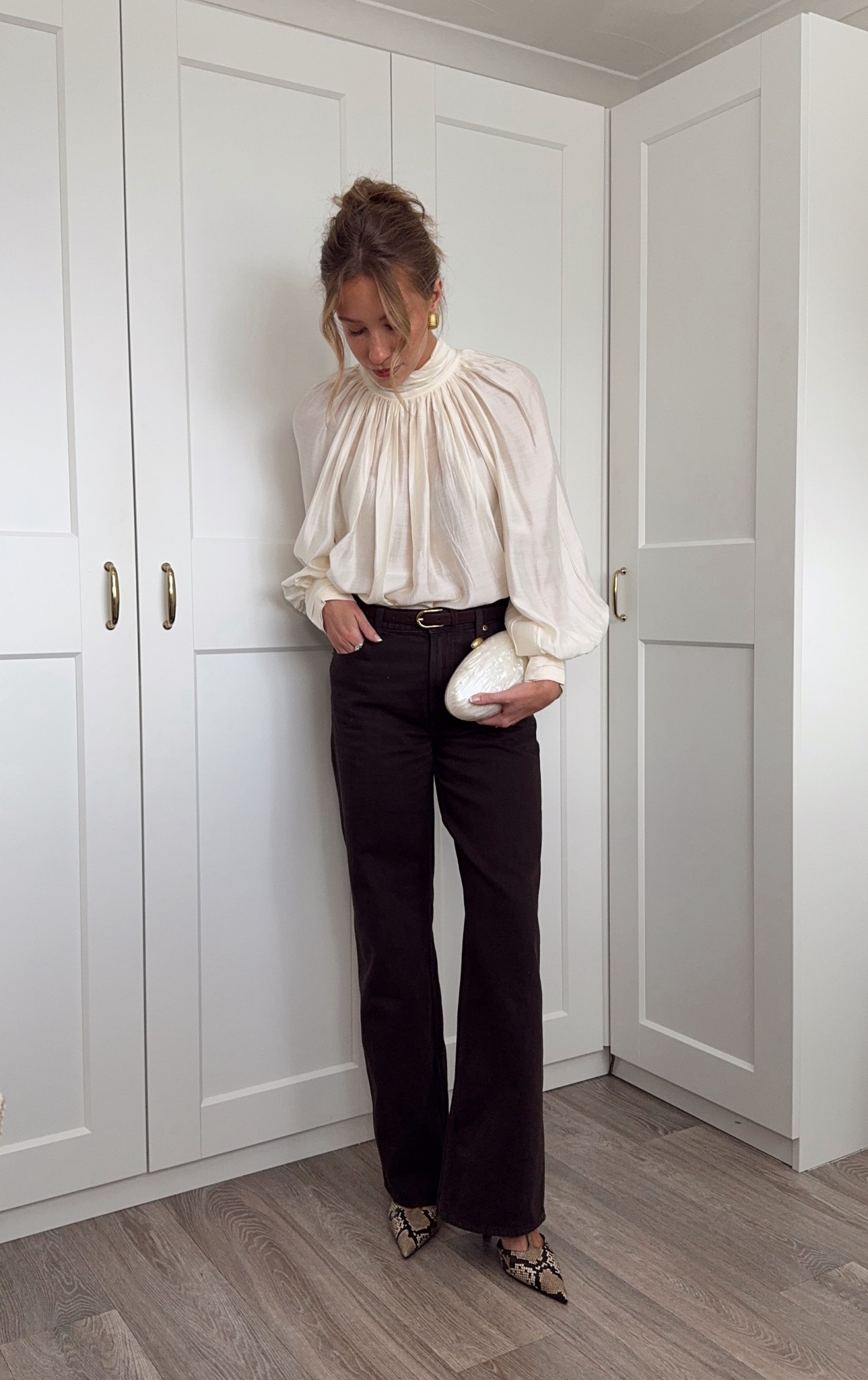 Date night outfit, autumn outfits uk, brown wide leg jeans, cream blouse, snake print heels

#LTKautumn #LTKdatenight #LTKuk