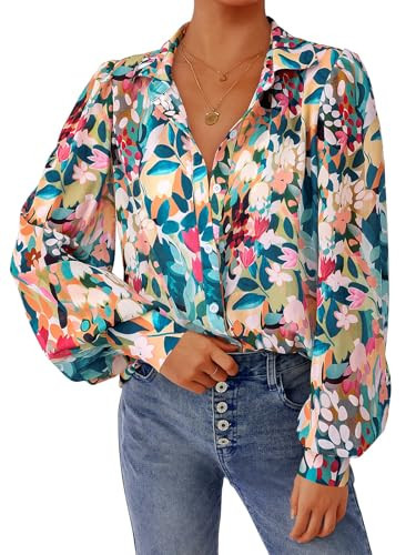 PRETTYGARDEN Women's Floral Blouses Dressy Casual V Neck Button Down Shirts Lantern Long Sleeve Boho Chiffon Spring Tops 2026(Floral Blue Green,S) | Amazon (US)