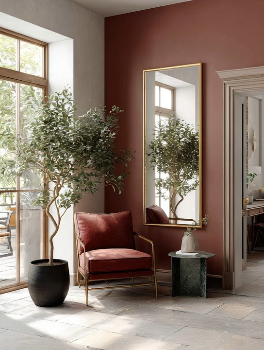 Start with three timeless elements.

A bold rustic burgundy wall. A gold-framed mirror. And an oversized indoor tree.

The burgundy wall does what neutral walls can't. It creates depth, personality, and an instant design statement. Rich, warm, and elegant, it turns an ordinary corner into a destination within the home.

Then comes the mirror.

Gold-framed mirrors have a unique ability to soften bold colors while adding warmth and light. They reflect the room, visually expand the space, and bring that timeless elegance found in boutique hotels and beautifully designed homes.

Finally, add a statement tree.

An oversized indoor tree introduces life, movement, and natural balance. It softens the structure of the room and creates the perfect contrast against the richness of the burgundy wall.

The beauty of this look is that you don't need everything at once.

Start with the mirror. Add the tree. Paint the wall when you're ready.

Layer by layer, your home begins to tell a more beautiful story.

✨ Bold color. Natural beauty. Timeless elegance.

#BurgundyWalls #GoldMirror #HomeDecorIdeas #StatementCorner #ElegantAndDriven 

 #LTKHome