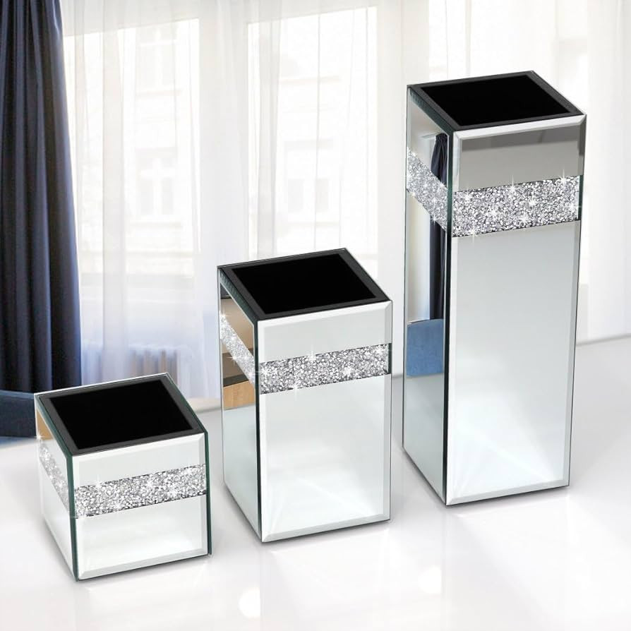 Crushed Diamond Mirrored Vase Pack of 3 Pieces Small Middle Large. Crystal Silver Mirror Glass St... | Amazon (US)