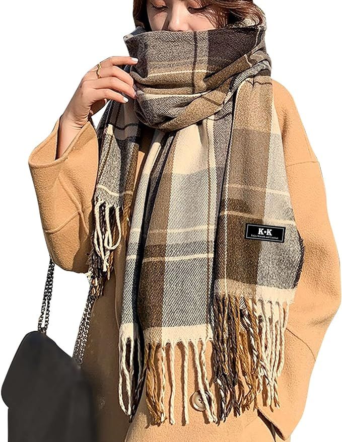 ECOMBOS Winter Tartan Scarf - Women Long Plaid Scarves Warm Wool British Style Spinning Tassel Sh... | Amazon (UK)