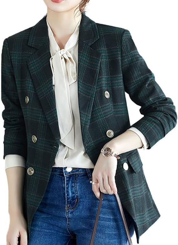 CHARTOU Women's Business British Double Breasted Plaid Work Office Blazer Suit Jacket (Large,Gree... | Amazon (US)