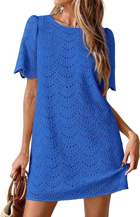 PRETTYGARDEN Women's 2026 Summer Casual Short Dresses Embroidered Lace Short Sleeve Boho Mini Dre... | Amazon (US)