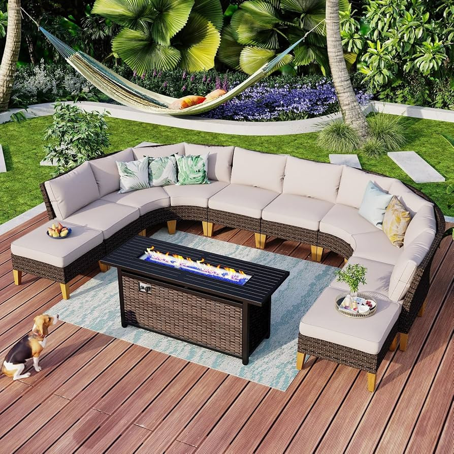 MFSTUDIO 11 Pieces Wicker Patio Furniture Set with 56" Fire Pit Table, All-Weather Outdoor Conver... | Amazon (US)