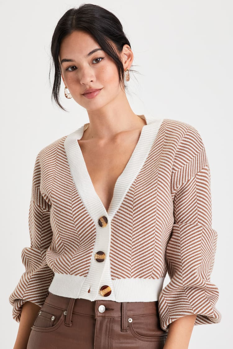 Here Comes a Holiday Brown and White Striped Button-Up Cardigan | Lulus