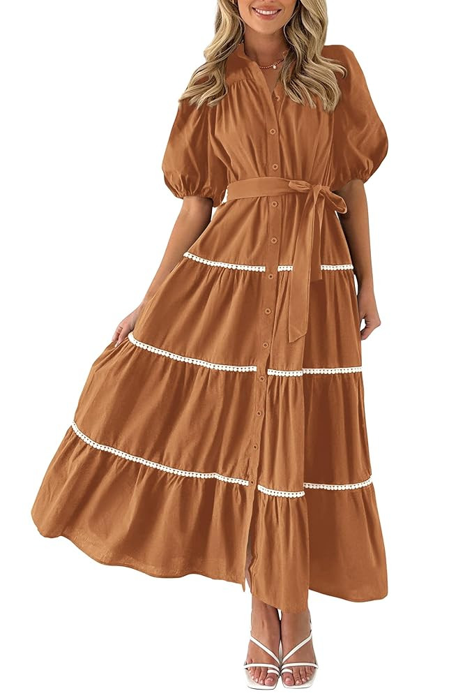 PRETTYGARDEN Women's Summer Button Down Shirt Dress Short Puffy Sleeve Tiered Ruffle Flowy Long M... | Amazon (US)