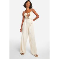 boohoo Women's Tall Cheesecloth Strappy Belted Wide Leg Jumpsuit in Stone | Size: 10 | Woven | boohoo (US & Canada)