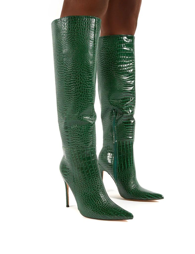 Aimi Green Croc Knee High Stiletto Heel Boots | Public Desire (US & CA)