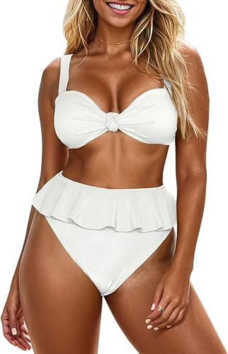 Saodimallsu Womens 2 Piece High Waisted Swimsuit Ruffle Bikini Sets Twist Knot Ribbed Bathing Sui... | Amazon (US)