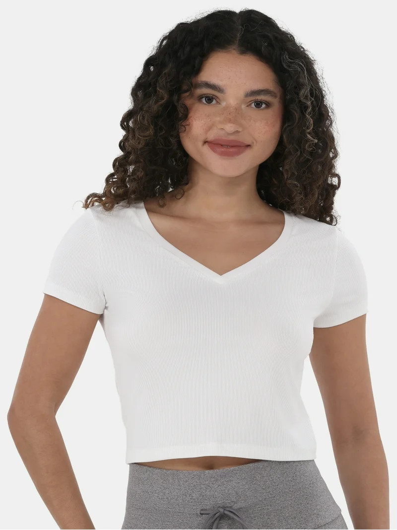 No Boundaries V-Neck Crop Rib Tee, Women's | Walmart (US)