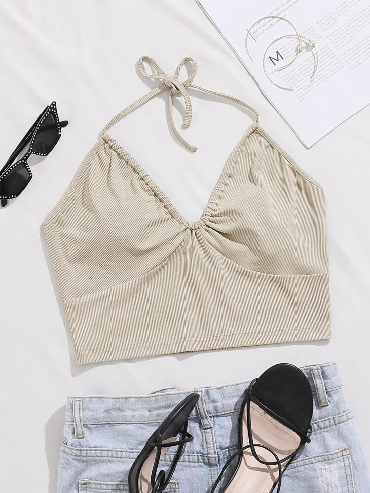 Rib-knit Crop Halter Top | SHEIN
