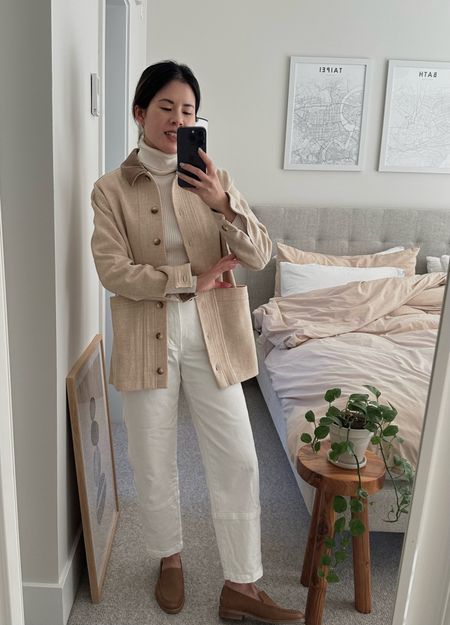 Jacket: Sezane Will Jacket. I’m in xs but should’ve sized up to layer thicker layers underneath 
Pants: Everlane. Sized down
Loafers: tts
Sweater: Everlane. Tts