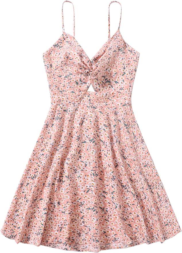 SheIn Women's Floral Print V Neck Cut Out Spaghetti Straps Sleeveless Mini Dress | Amazon (US)