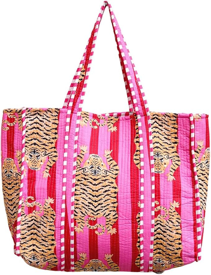 YILLE Cotton Quilted Floral & Tiger Print Tote Bag, 18 x 18 inches For Grocery Shopping, Travel | Amazon (US)