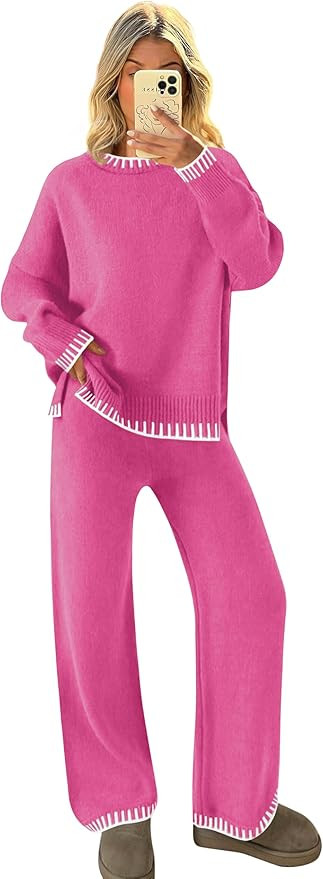 AGSEEM 2 Piece Outfits for Women Sweater Sets Knit Loungewear Pants Sets Crew Neck Fall | Amazon (US)
