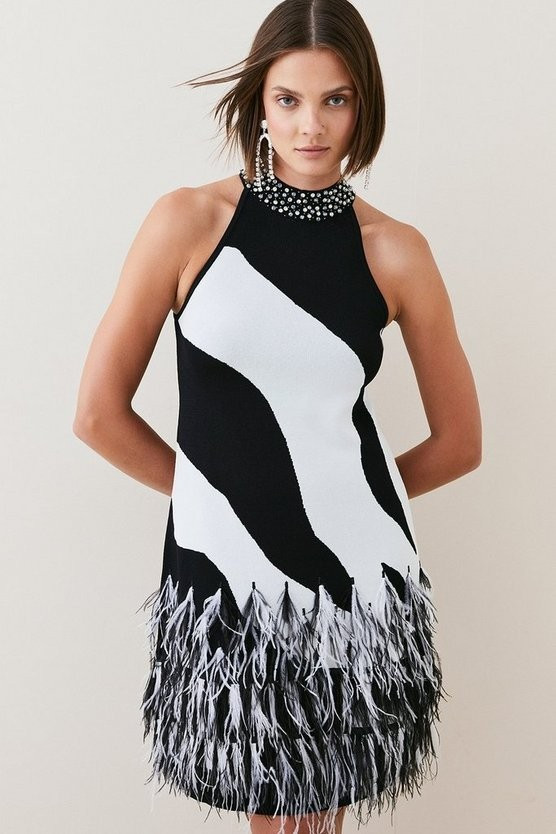 Feather Hem Mono Print Mini Dress | Karen Millen UK + IE + DE + NL