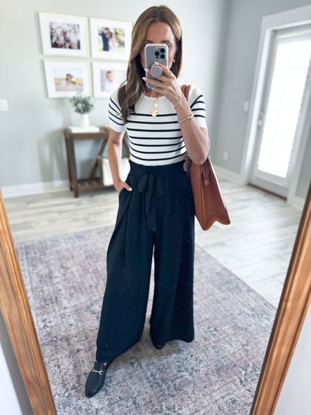 Amazon wide leg pants in XS. I LOVE these! Fabric is so nice and petite-friendly on me (I’m 5’3). Work outfit. Teacher outfit. Casual outfit. Spring outfit. Summer outfit. Striped sweater top in small. Shoes are TTS. 

#LTKworkwear #LTKfindsunder50 #LTKshoecrush