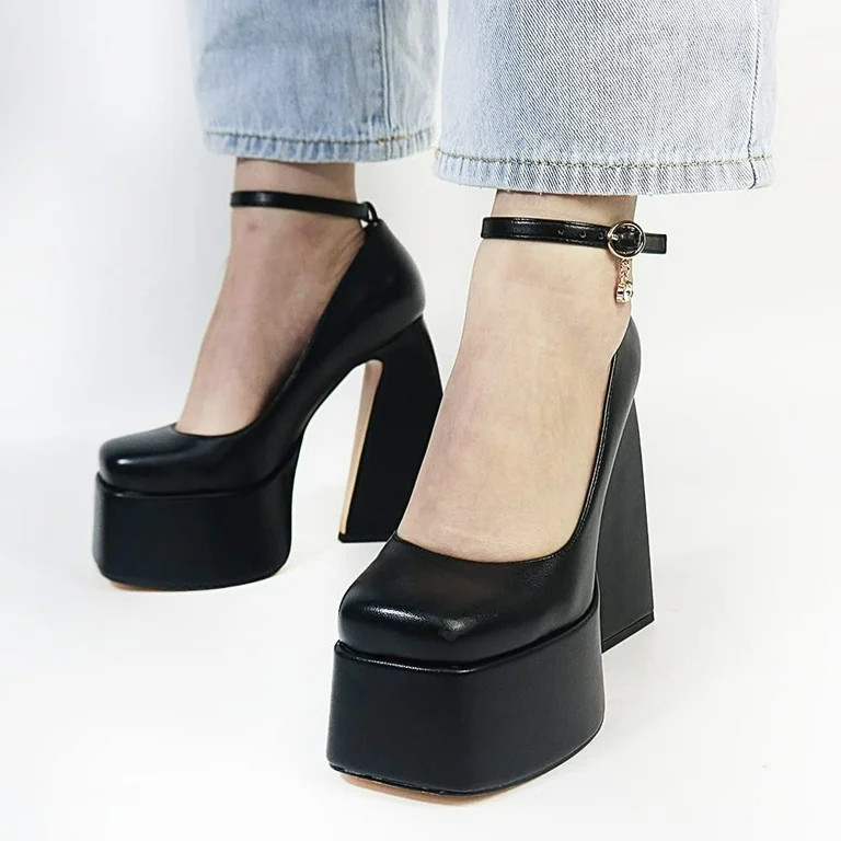 Femflame Platform Chunky High Heels Women Pumps Sexy Square Toe Rhinestones Buckle Ankle Mary Jan... | Walmart (US)