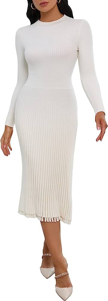 IWFEV Sweater Dress Mid-Calf Pleated Dress Long Sleeve Knit Pullover Bodycon Women's Maxi Dress | Amazon (US)