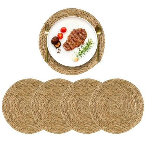 13.8 in Round Woven Placemats Plate Chargers Set of 4, Boho Farmhouse Rustic Woven Place Mats for Home Dining Table Decor, Rattan Wicker Table Mats Chargers for Dinner Plates | Amazon (US)
