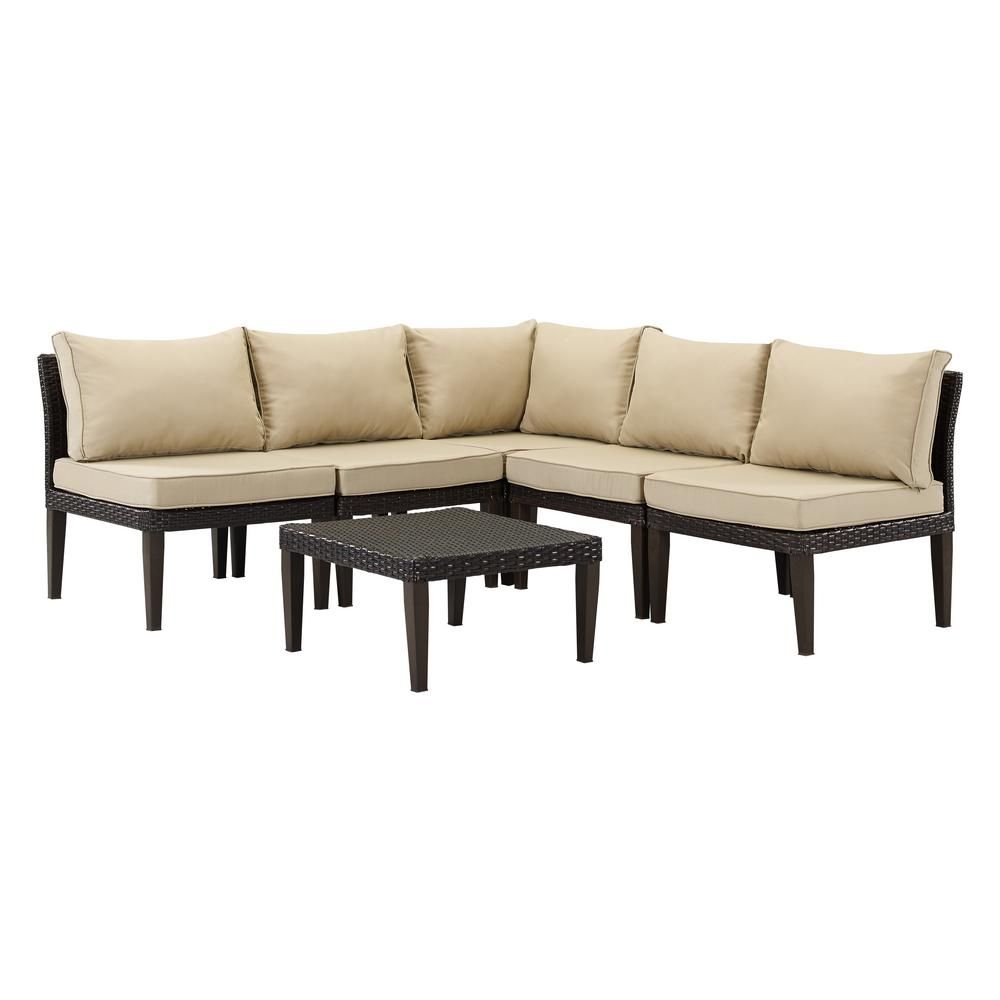 DWELL HOME Amalfi 6-Piece Wicker Patio Sectional Seating Set with Tan Cushions | The Home Depot