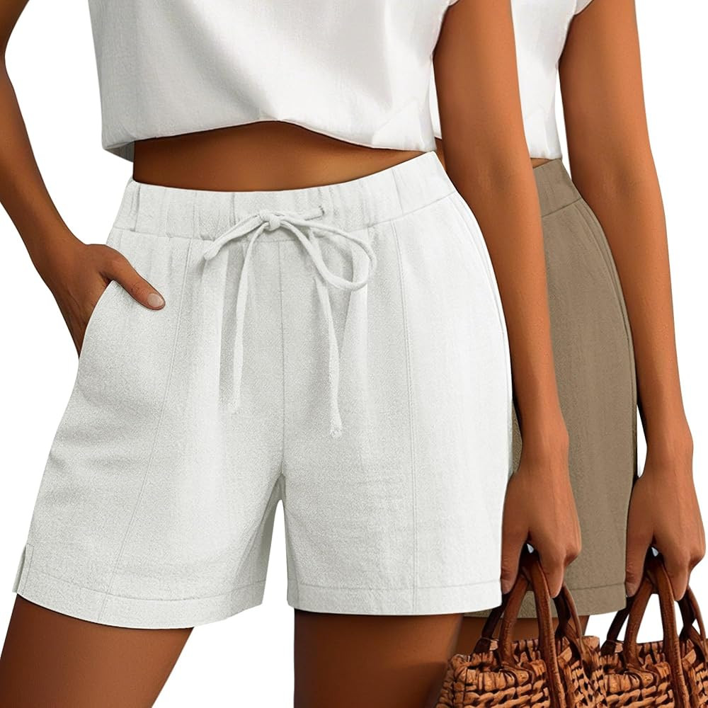 Riyiper 2 Pack Casual Linen Shorts for Women, Drawstring Elastic Waist Split Side Summer Line Com... | Amazon (US)